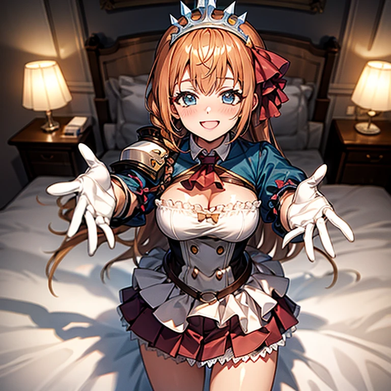 high quality,(Lie on your back on the bed), outstretched arms, aapeco, very long hair, ahoge, braid, tiara, hair ribbon, red ascot, cleavage, shrug (clothing), shoulder armor, white dress, short sleeves, white gloves, pleated skirt, red skirt, A seductive smile, Shot from directly above,Brown Hair, Blushing, smile, Big Breasts