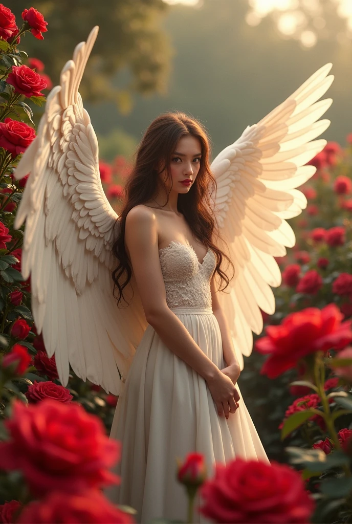 make a beautiful human woman, with wings surrounded by roses