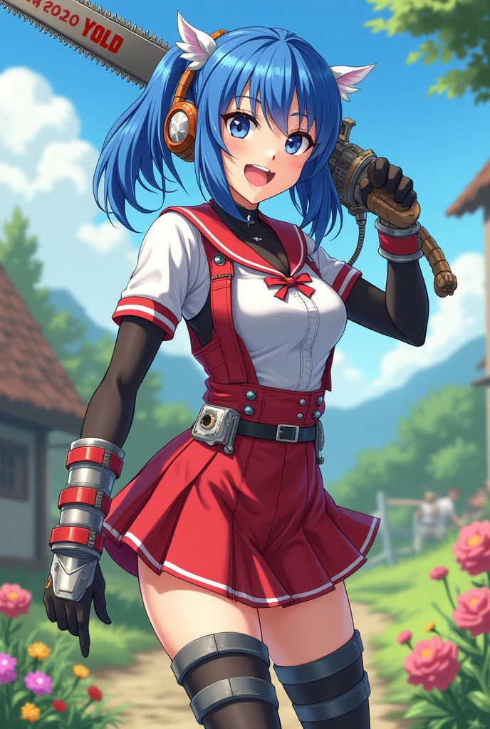 Beautiful blue-haired girl woman wired with electric saw whole cup wearing over duct showing red and white schoolgirl outfit soldier boot glove big smile voluminous breasts simple neckline slender body countryside landscape with flowers