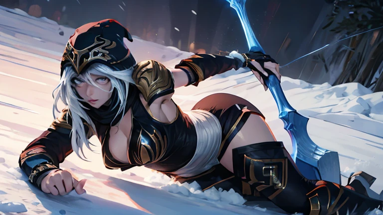 league of legends Ashe, warrior, wearing tights, her nipples shwon, asimated face looking,camel toe, very detailed face and pretty face,heroine, breast, getting touced by enemy, lies down, legs open pose, (masterpiece, best quality), beautiful girl, badly defeated by opponents, embarrassed emotion, snow storm, legs wide open,abstract background, bright colors, breasts, (solo), sexy face