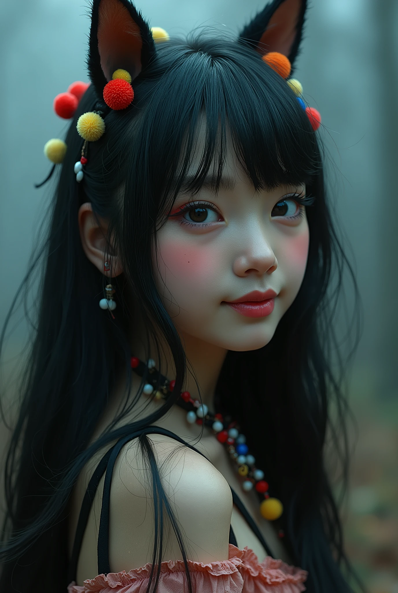 black hair, hair bobbles, wince, longeyelashes, solid circle eyes, fake animal ears, light smile, ear blush, fang, ccurate, Surrealism, drop shadow, anaglyph, stereogram, tachi-e, pov, atmospheric perspective, 8k, super detail, best quality
