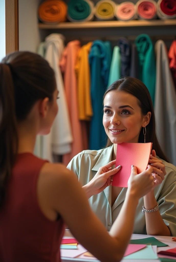 Create an image showing a personal color consultant performing a color test on a client. The consultant, a confident and professional woman, is gently holding a colored fabric below the client&#39;s chin, comparing how the color of the fabric interacts with the client&#39;s skin. The consultant está focada, carefully analyzing which color best complements the client&#39;s skin. The client is sitting in front of a mirror, observing the process with curiosity and expectation. No fundo, an organized environment with several colorful fabric options, mirrors and soft lights, creating an atmosphere of precision and professionalism. The image should convey the essence of a careful and personalized analysis, where the consultant helps the client discover the colors that best enhance their appearance."