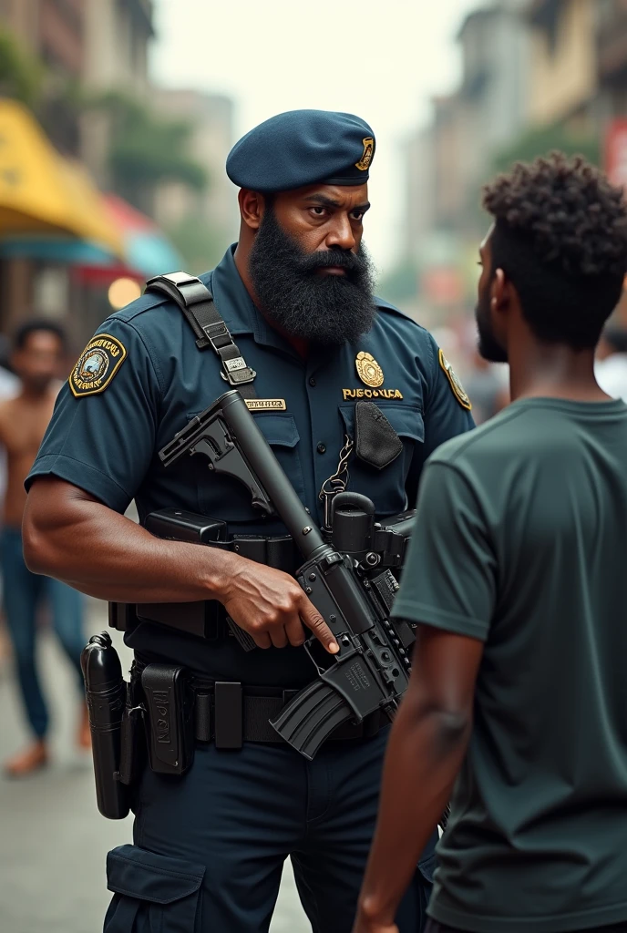 Strong, bearded Brazilian cafuzo police officer, in military police tactical uniform, Lottery, boina preta, rifle in hand, talking to someone on the street.