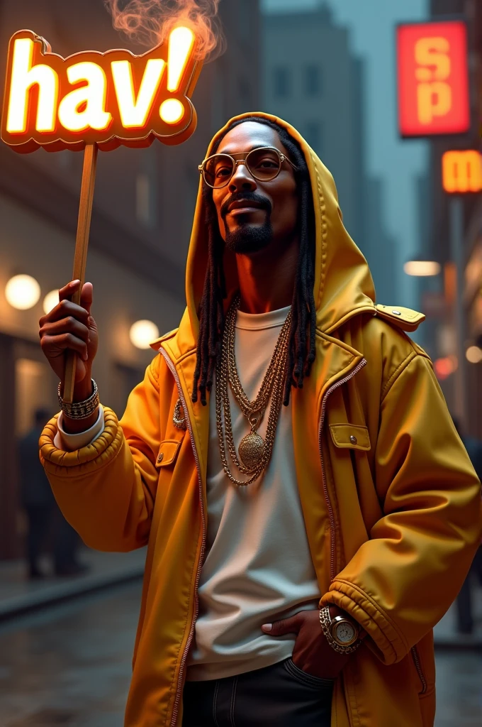 Snoop Dogg holding a word balloon "HAV", with the blunt burning and expensive clothes. 3D 3500p.