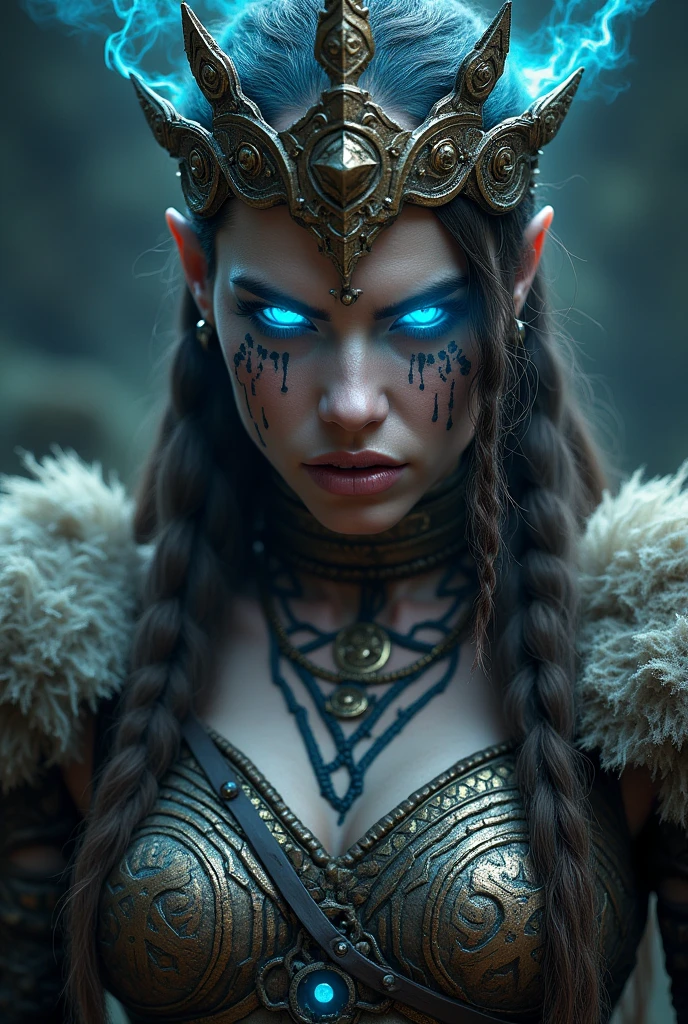 a close up of a statue of a woman with a crown on her head, still from marvel movie, metallic skeleton, style of marcin blaszczak, she is dressed in shaman clothes, tzeentch, featured on cgsociety, gatekeeper, wearing fur armor, heavy makeup, blue color grading, realistic | detailed face, odin --auto --s2