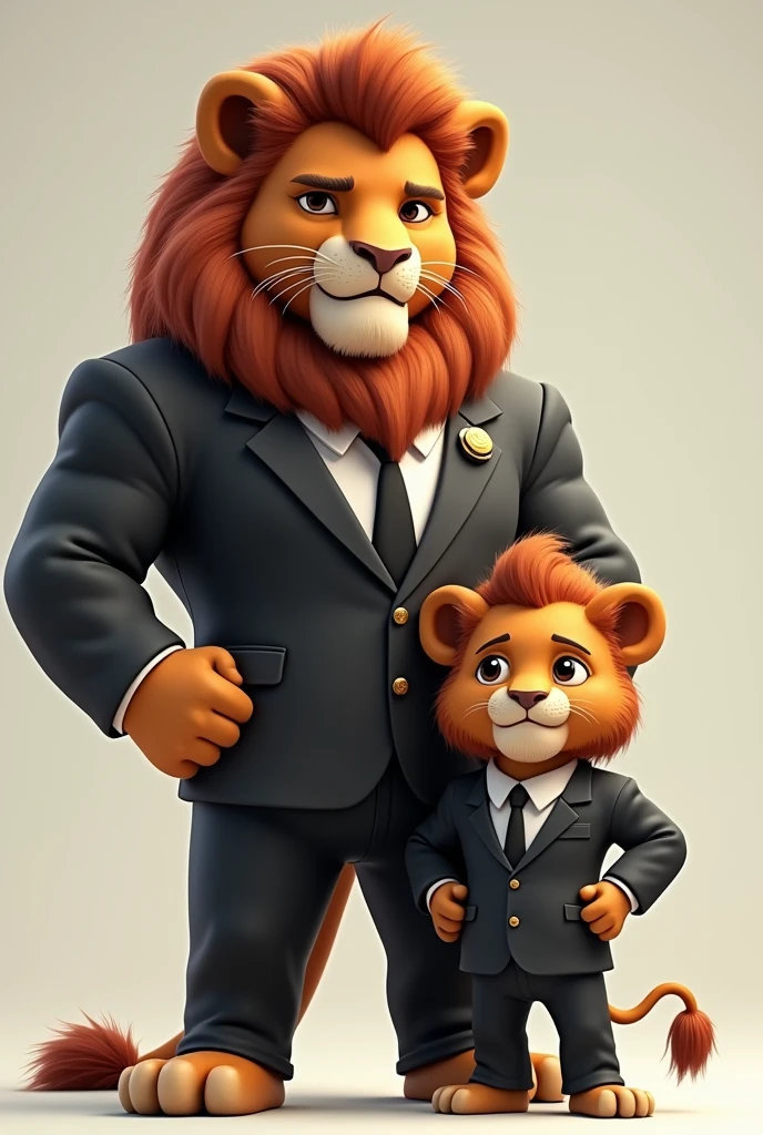 Muscular Adult lion and baby lion both in suit together as proud 