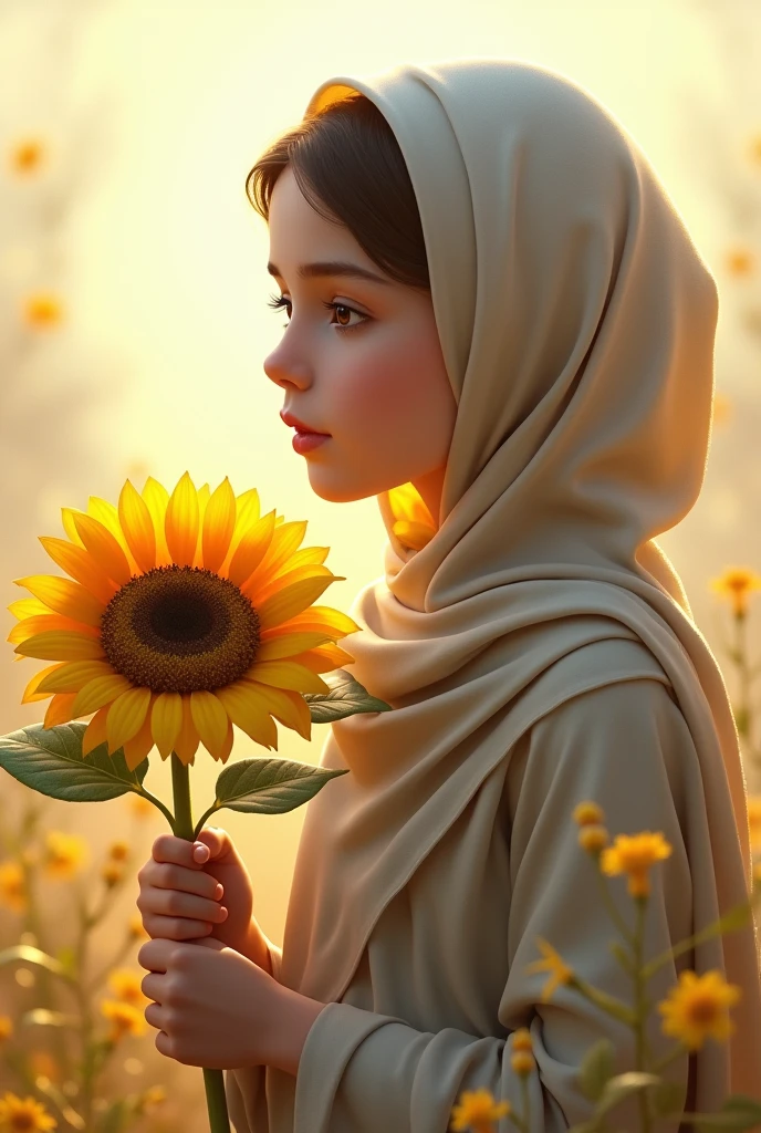 Create an image of a girl wearing hijab holding a sunflower. Do not show the face. 