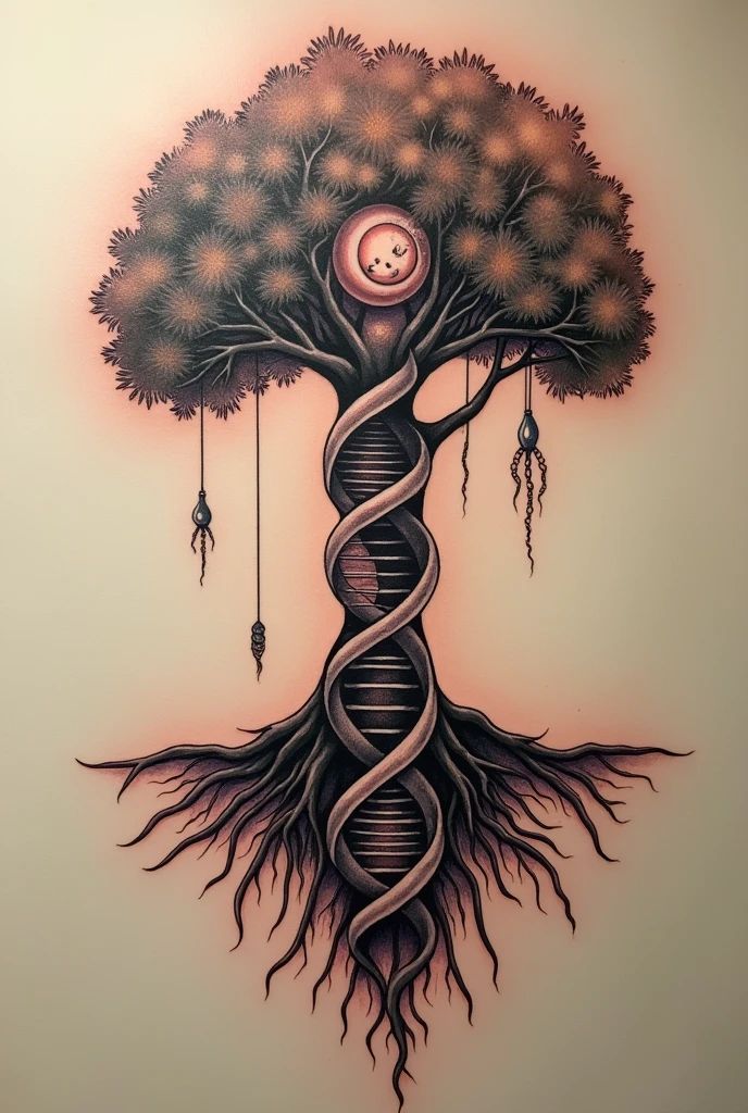 Create a tree of life tattoo with the following features:
All roots are in the shape of a double DNA helix, with all ends shaped like sperm, symbolizing the path of the sperm to fertilization..
At the beginning of the stem an ovule in metaphase 2, right above a fertilized egg, above an embryo in cleavage at D2 2 cells, above cleavage at D3 with 8 cells, above a Morula, above a blastocyst. all of this, no caule.
On the sheets representing the placenta a baby in development. Representation of life.