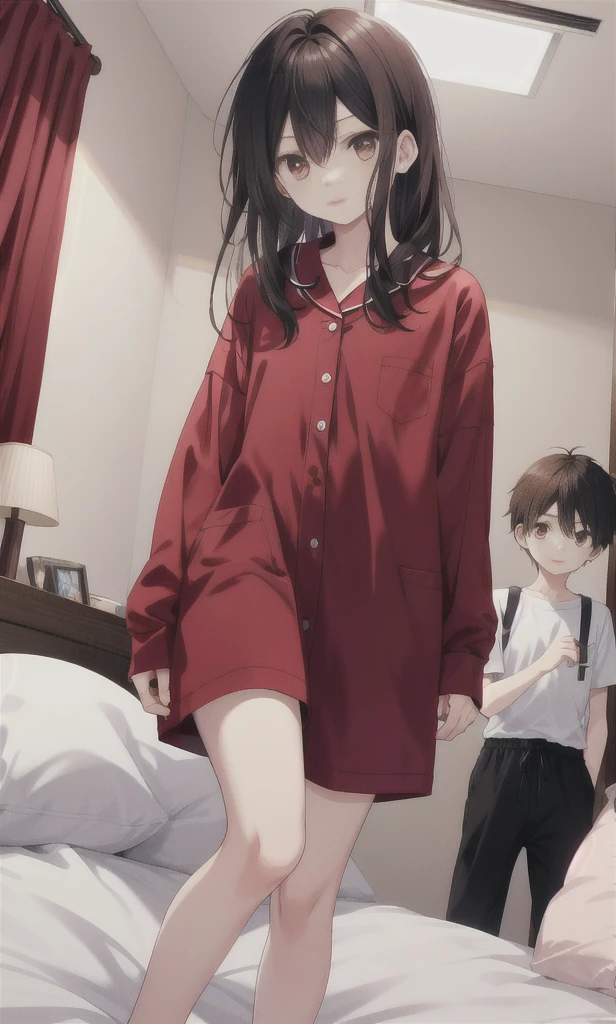 1 person、toddler,Black Hair Girl、air force uniform、Show your chest、spreading one's vagina,blush、Embarrassing、Shaved、Embarrassed face、A beautiful hotel room、Squat、Leg spread