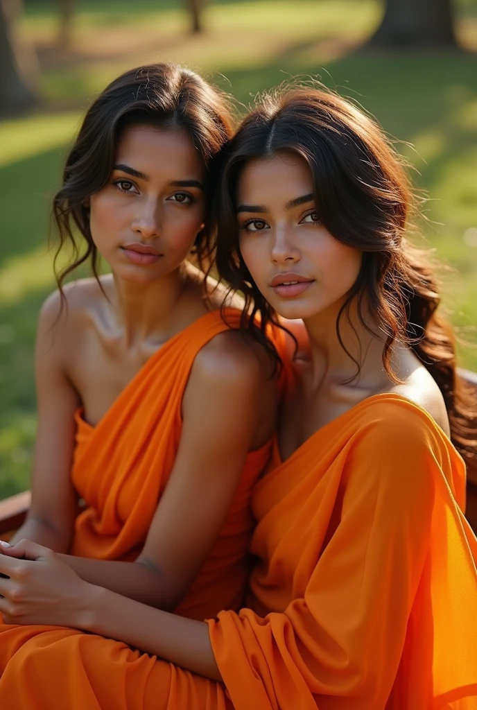 ((best quality)), ((masterpiece)), (detailed), Beautiful 2 indian girl in orange light color saree. Close up photo to viewer, cinematic:1.3, realism, 5'2" height, beautiful lip, beautiful-cute brown eyes, beautiful thin wavy medium french styling brown hair, attractive neck, fair Chocolaty skin, beautiful strong cheekbones, medium height, skinny thin body shape, kind face, confident pose in the outside of park sitting on chair at afternoon sunrise, smiling: 0.8, ponytail:0.5, deep shadow.