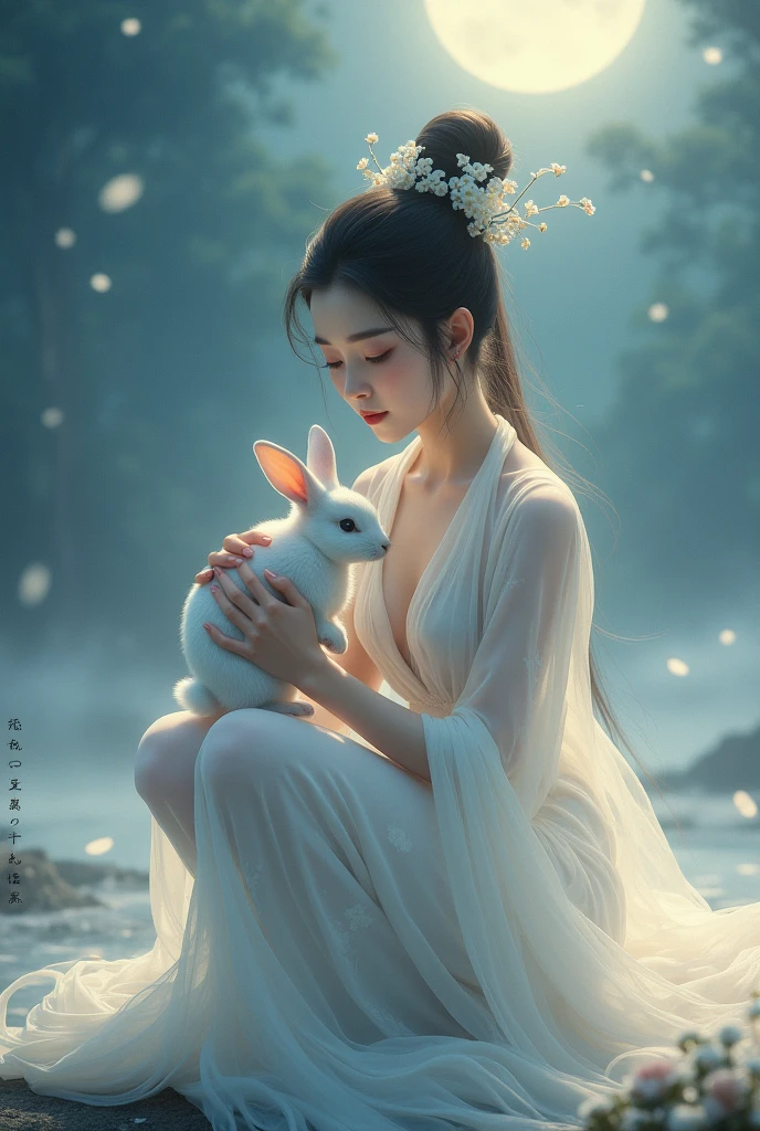 Chang'e squatted, holding the rabbit in her arms, and the rabbit in Chang'e's arms was ready to jump to the ground