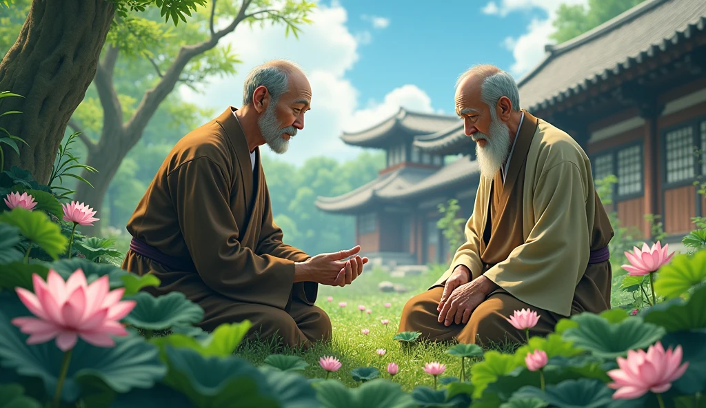 Hiro is greeted by Master Koji, who is tending to a small garden. Master Koji is an elderly man with a calm and wise expression, wearing traditional Zen monk robes. The garden is filled with blooming lotus flowers, and a gentle breeze rustles the leaves.in the background his temple with bamboo