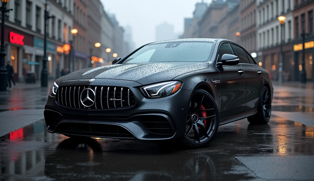 Mercedes E63 AMG studio photo on wet asphalt in the square