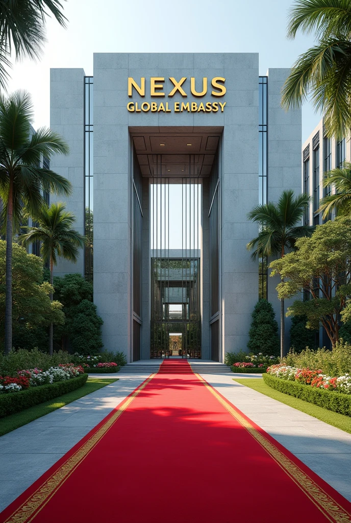 An image of a Corporate embassy put the words Nexus Global Embassy I want it to have the words Nexus Global Embassy on a concrete.The building has its own compound that is extremely developed with grass, trees and flowers Singaporean architecture expose the words Nexus Embassy with red carpets covering the whole entrance