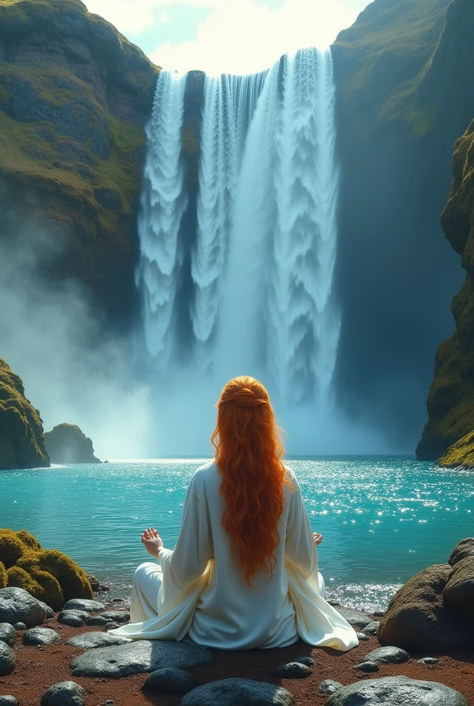 a picture of a (female monk: 1.2) sitting and meditating at a (Buddha statue: 1.5), near a waterfall, at the base of the waterfall, there is a human woman monk wearing monk garbs, meditating near a bonfire near an (epic sized waterfall: 1.3), red hair, long hair, full body (best details, Masterpiece, best quality :1.5), ultra detailed face (best details, Masterpiece, best quality :1.5), ultra feminine (best details, Masterpiece, best quality :1.5), exquisite beautiful (best details, Masterpiece, best quality :1.5) red hair, long hair, wavy hair, pale skin, blue eyes, intense eyes, water coming down from a volcanic cliff, multi level water falls, several pools created in different levels, forming new waterfalls, water cascading into a (large lava pool: 1.3) steam rising, clear water in many hues of blue and azure, fantasy art, photorealistic, D&D art, ultra best realistic, best details, best quality, 16k, [ultra detailed], masterpiece, best quality, (extremely detailed), ultra wide shot, photorealism, depth of field, hyper realistic painting, faize, perfecteyes, drkfntasy