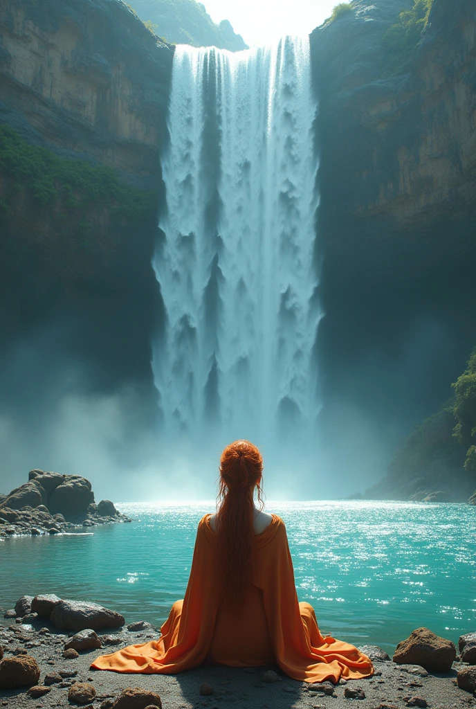 a picture of a (female monk: 1.2) sitting and meditating at a (Buddha statue: 1.5), near a waterfall, at the base of the waterfall, there is a human woman monk wearing monk garbs, meditating near a bonfire near an (epic sized waterfall: 1.3), red hair, long hair, full body (best details, Masterpiece, best quality :1.5), ultra detailed face (best details, Masterpiece, best quality :1.5), ultra feminine (best details, Masterpiece, best quality :1.5), exquisite beautiful (best details, Masterpiece, best quality :1.5) red hair, long hair, wavy hair, pale skin, blue eyes, intense eyes, water coming down from a volcanic cliff, multi level water falls, several pools created in different levels, forming new waterfalls, water cascading into a (large lava pool: 1.3) steam rising, clear water in many hues of blue and azure, fantasy art, photorealistic, D&D art, ultra best realistic, best details, best quality, 16k, [ultra detailed], masterpiece, best quality, (extremely detailed), ultra wide shot, photorealism, depth of field, hyper realistic painting, faize, perfecteyes, drkfntasy