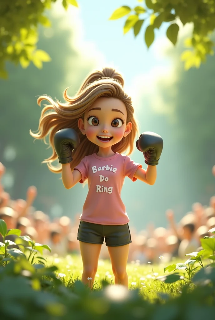 Creates a beautiful woman, maiden, long light brown hair with some blonde highlights, slightly wavy tied with a high ponytail, small almond-shaped brown eyes, thin and elongated face, pointed wueijo, slightly plump and pink lips, wears black boxing gloves She is wearing a pink t-shirt saying "BARBIE DO RING" her arms and hands are thrown up because she won the fight, her face is excited and happy, animation character, stylized character, animation style rendering, stylized 3D, rendering Arnold Maya, stylized 3D rendering, toon rendering screenshot, 3D character, 3D character, stylized 3D rendering, 3D Character Rendering, cartoon character, close-up character, character pose, (Pixar style) ( master part: 1.2) (bokeh) (best quality) (detailed skin) (detailed texture) (8k) (Argilla) (cinematic lighting) (sharp focus