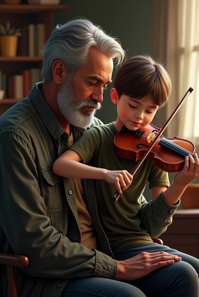 Man sitting beside the young boy who playing violin