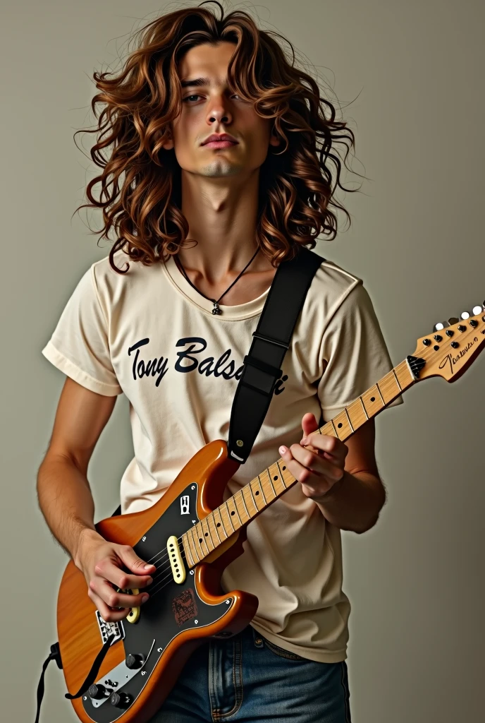 Long curly hair guy with fender guitar wearing a tshirt that writes Tony Balsam on it
