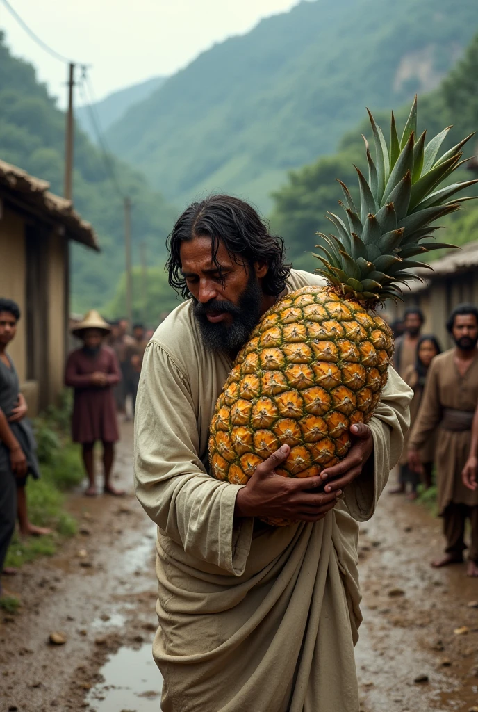  Create a  scene of Jesus Christ.  struggling to carry a giant pineapple up a muddy, rural road in a mountainous village. The sky is overcast, reflecting his effort and suffering. Jesus crist is visibly sweating and tears are streaming down his face. He is crying Villagers are watching him with expressions of awe and concern. The road is rough and the village is rustic, with simple, traditional houses in the background."

