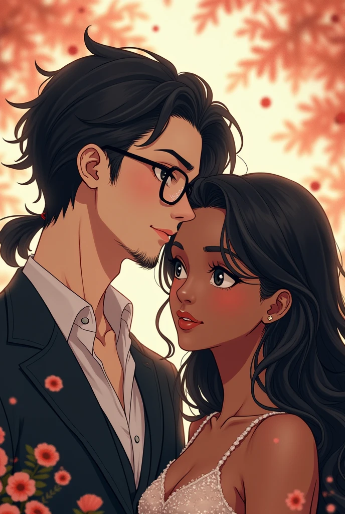 AN ANIME couple in which man is taller , fair , with black hair like Zayn malik and with ducktail beard and hunter eyes and black eyes he wear specs and girl is tall , dusky , black wavy hair , almond black eyes ...