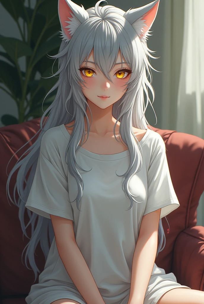 Demi-Human, wolf, female, Long silver hair is a little messy, Gold eyes, anime, white skin, white t-shirt, Clothes are loose, sit on the couch, ages 25
