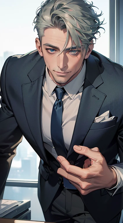 (best quality,4k,8k,highres,masterpiece:1.2),ultra-detailed,(realistic,photorealistic,photo-realistic:1.37),1 man,3,mature man,very handsome,without expression,smile,short grey green hair,blue eyes,penetrating gaze,perfect face without errors,imposing posture,businessman,office background,cinematic lighting,hdr image