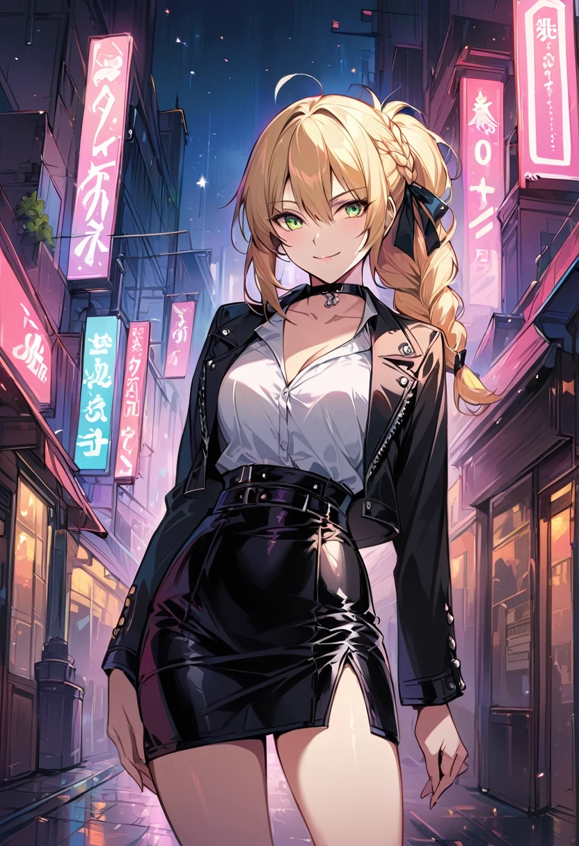 score_9, score_8_up, score_7_up, score_6_up, rating_safe, source_anime, BREAK beautiful Artoria Pendragon (blonde, braid, ribbon, hair ribbon:1.2), sexy smirk, BREAK tight leather skirt, wrap blouse, high heels, choker, BREAK walking in downtown Tokyo, neon lights, Extremely detailed Artgerm, Artgerm on ArtStation Pixiv, BREAK Epic light novel art cover, gorgeous female, trending on artstation pixiv, BREAK midnight, full moon, shallow depth of field, BREAK highly detailed, bokeh, moody, epic, gorgeous, grainy, BREAK (ultra-detailed), (best illustration), (best shadow), (absurdres), (detailed background), (very aesthetic), cowboy shot, (rear view:1.3).