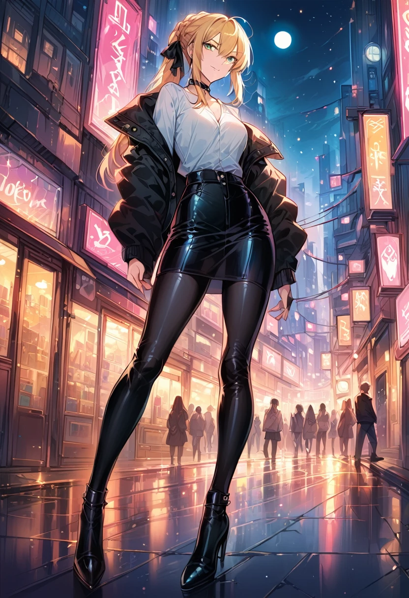 score_9, score_8_up, score_7_up, score_6_up, rating_safe, source_anime, BREAK beautiful Artoria Pendragon (blonde, braid, ribbon, hair ribbon:1.2), sexy smirk, BREAK tight leather skirt, wrap blouse, high heels, choker, BREAK walking in downtown Tokyo, neon lights, Extremely detailed Artgerm, Artgerm on ArtStation Pixiv, BREAK Epic light novel art cover, gorgeous female, trending on artstation pixiv, BREAK midnight, full moon, shallow depth of field, BREAK highly detailed, bokeh, moody, epic, gorgeous, grainy, BREAK (ultra-detailed), (best illustration), (best shadow), (absurdres), (detailed background), (very aesthetic), cowboy shot, (rear view:1.3).