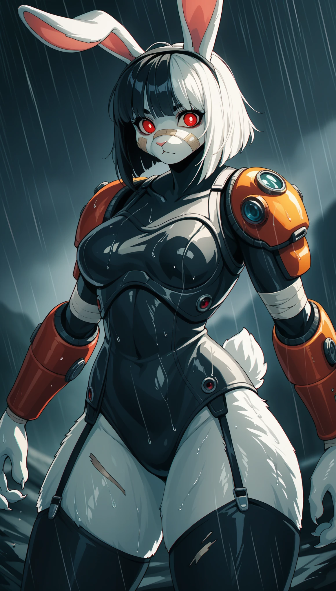 score_9, score_8_up, score_7_up, score_6_up, score_5_up, score_4_up, BREAK source_anime, source_anthro, [rating_safe], rating_explicit,

1girl, furry female, bunny, bunny ears, solo, rain weather, wet surface, damaged body, liquids, detailed face, white hair, black hair fringe, red eyes, (solid pupils), googles, (face bandage:1.3), [futuristic armor:tech suit:0.33], thicc thighs, garter straps, visually stunning, chromatic aberration