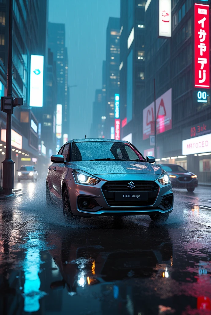 Maruti suzuki dzire sedan in rain in cyberpunk
