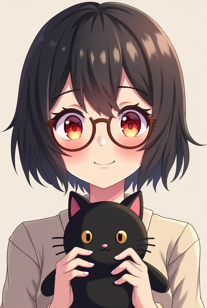 Red and yellow heterochromatic eyes, short black hair, brown-rimmed round glasses, adult woman, anime illustration, holding a cute black cat stuffed animal