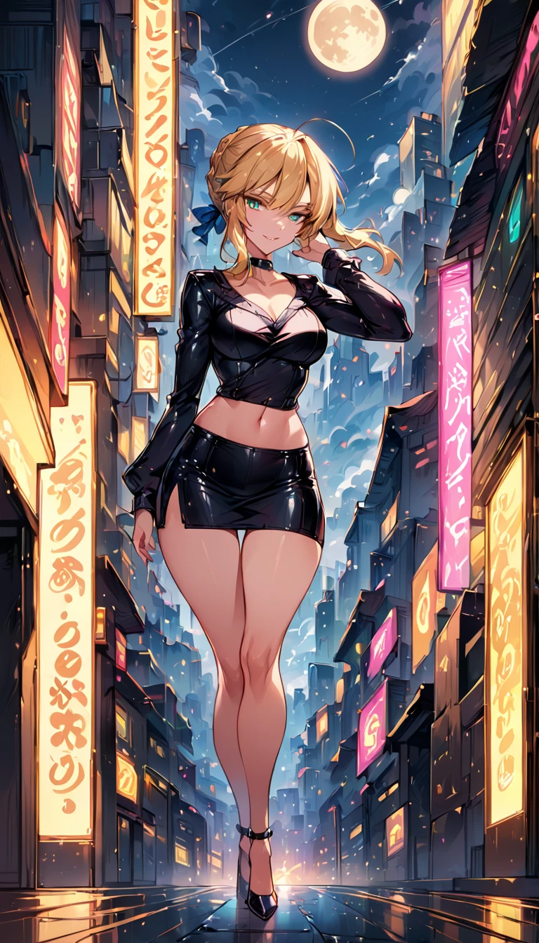 score_9, score_8_up, score_7_up, score_6_up, rating_safe, source_anime, BREAK beautiful Artoria Pendragon (blonde, braid, ribbon, hair ribbon:1.2), sexy smirk, BREAK tight leather skirt, wrap blouse, high heels, choker, BREAK walking in downtown Tokyo, neon lights, Extremely detailed Artgerm, Artgerm on ArtStation Pixiv, BREAK Epic light novel art cover, gorgeous female, trending on artstation pixiv, BREAK midnight, full moon, shallow depth of field, BREAK highly detailed, bokeh, moody, epic, gorgeous, grainy, BREAK (ultra-detailed), (best illustration), (best shadow), (absurdres), (detailed background), (very aesthetic), cowboy shot, (rear view:1.3).