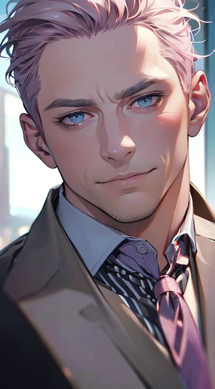 (best quality,4k,8k,highres,masterpiece:1.2),ultra-detailed,(realistic,photorealistic,photo-realistic:1.37),1 man,3,mature man,very handsome,without expression,smile,short grey pink hair,blue eyes,penetrating gaze,perfect face without errors,imposing posture,businessman,office background,cinematic lighting,hdr image