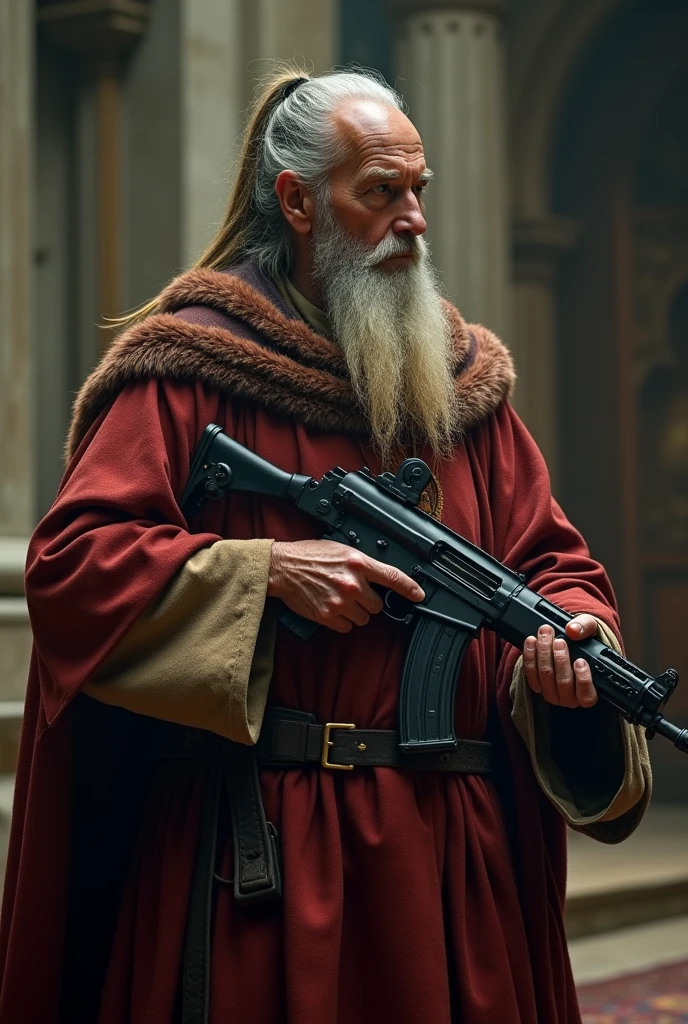 An old and badass church father wearing a ponytail and church robe who is also drenched in blood holding a thompson drum mag gun 