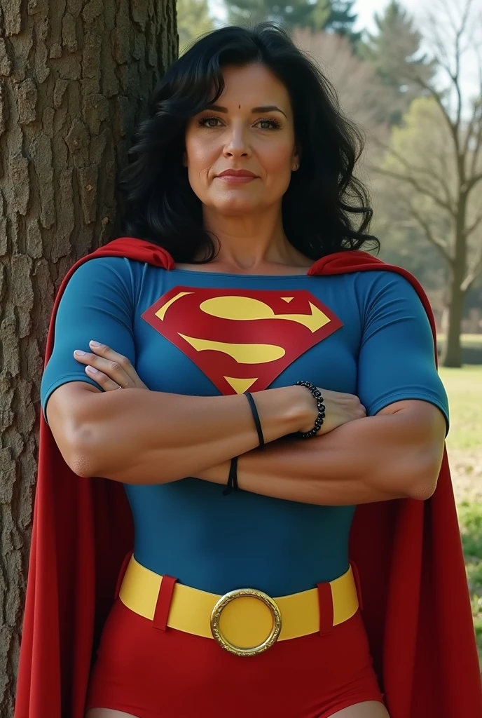 (((very beautiful old Supergirl (((1980s Superman costume))) Julie Hagerty(((dark-haired, large-breasted woman in her 50s)))) Super woman Julie Hagerty; confident, powerful, indestructible, attractive; big and firm chest; strong breasts; arms crossed, salvando um gato de uma arvore; arms of a strong woman. HD. Photograph, ((realism)), extremely high quality RAW photograph, ultra detailed photograph, sharp focus, high resolution, (detailed skin:1,3),high quality, film grain, Fujifilm XT3,Highly Detailed, movie, (Cinematic Photo:1.3) of (Realistic:1.3)