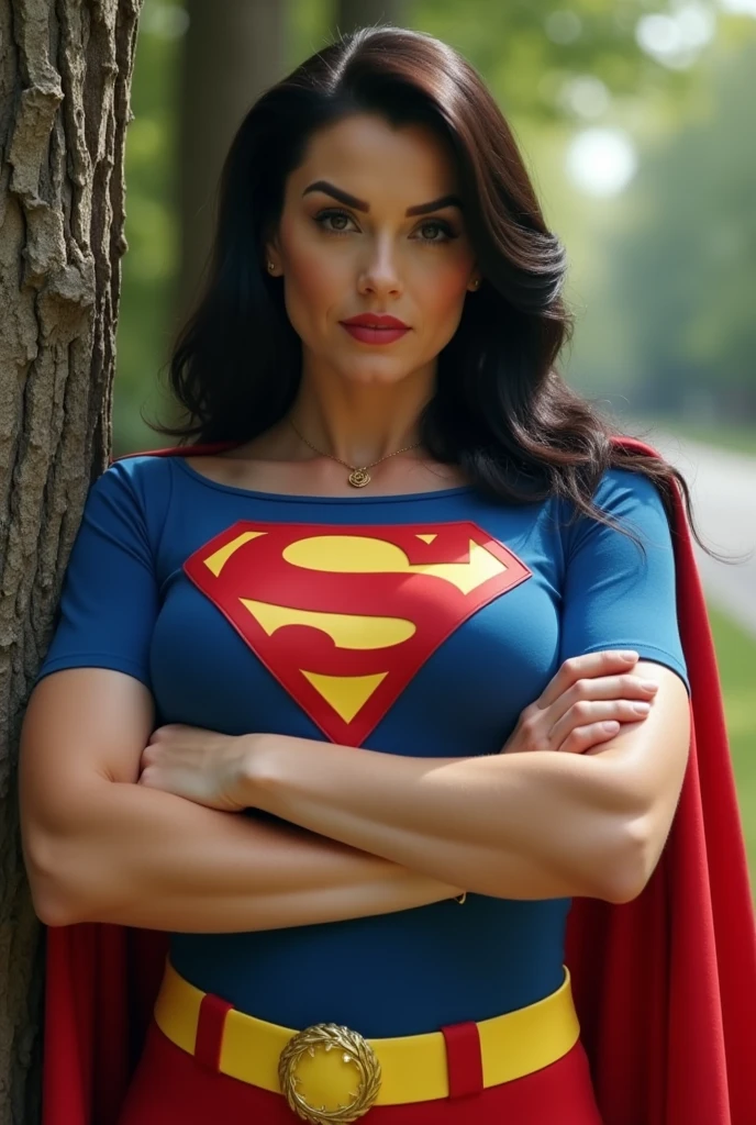 (((very beautiful old Supergirl (((1980s Superman costume))) Julie Hagerty(((dark-haired, large-breasted woman in her 50s)))) Super woman Julie Hagerty; confident, powerful, indestructible, attractive; big and firm chest; strong breasts; arms crossed, salvando um gato de uma arvore; arms of a strong woman. HD. Photograph, ((realism)), extremely high quality RAW photograph, ultra detailed photograph, sharp focus, high resolution, (detailed skin:1,3),high quality, film grain, Fujifilm XT3,Highly Detailed, movie, (Cinematic Photo:1.3) of (Realistic:1.3)