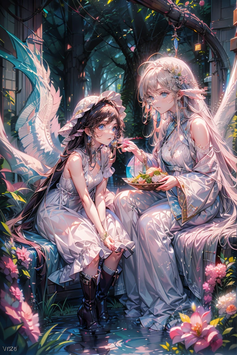 The thief、Thief、10 convictions、Criminal Woman、bad woman、To steal、Anime Style、Storytelling、、beautiful girl、Very cute angel、Pink Gothic Dress、cute、Baby Face、smile、Long skirt、,Black long boots、Crazy smile,Scythe Face,, beautiful, Delicate facial features, Sharp Eye, Sharp fangs, Mouth very open, Bare your teeth,Sharp teeth like a beast, Very wide lips, Very wide mouth, Vermilion cheeks,
