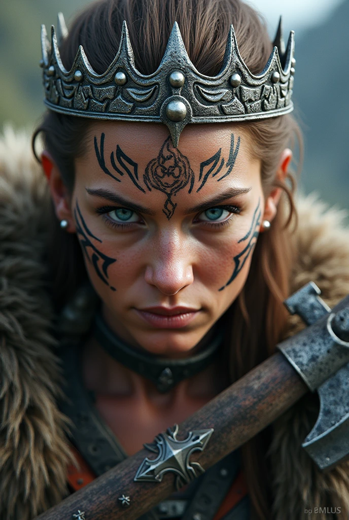 Viking warrior close-up, axe on display, Woman, blue thunder eye,  big queen crown on the head , tribal tattoo on face, Angry