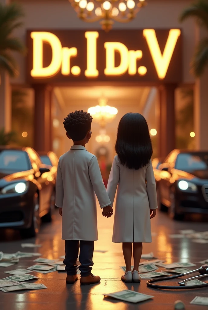 (photorealism:1.2), big text written "Dr.I&Dr.V", money filled all over the place, many royal black cars, a stethoscope, a rich background, a african boy and an indian girl standing turned backside holding hands ,wearing doctors coat