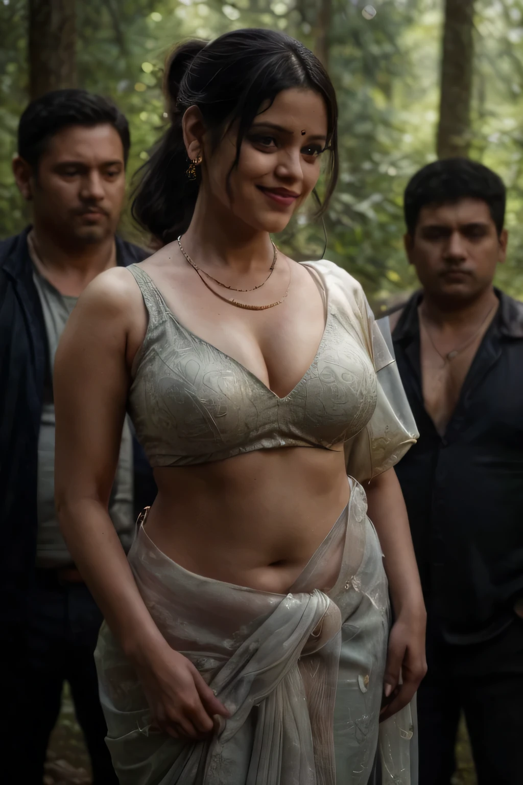 day scene, close up photo of vedhika, wearing saree, surrounded by bodyguards in forest, bodygaurds pissing on her, big cheeks, curvy, hourglass figure, men grabbing her breasts and waist, sexy navel, swooping breasts, ponytail hair, necklace, look at viewer and smile, (cinematic:1.3), intricate details, (ArtStation:1.2)