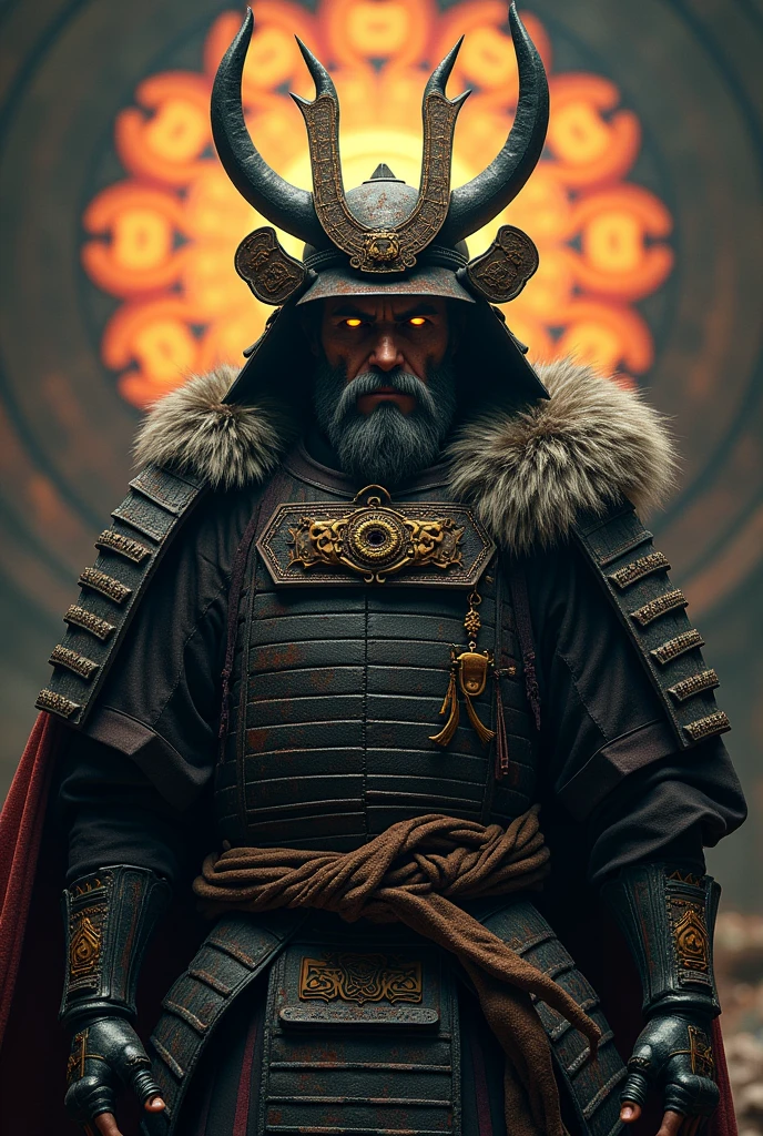 man in samurai armor with fur around the neck and waist, wearing devil helmet, dusty detail ornaments, battle weary, man warrior, armor, epic, face scar, dnd character portrait, intricate, 8k resolution, dynamic lighting, hyperdetailed, unreal 5, volumetric lighting, alphonse mucha, pre-raphaelite, detailed background, mandala, detailed face, detailed eyes, neon eyes  