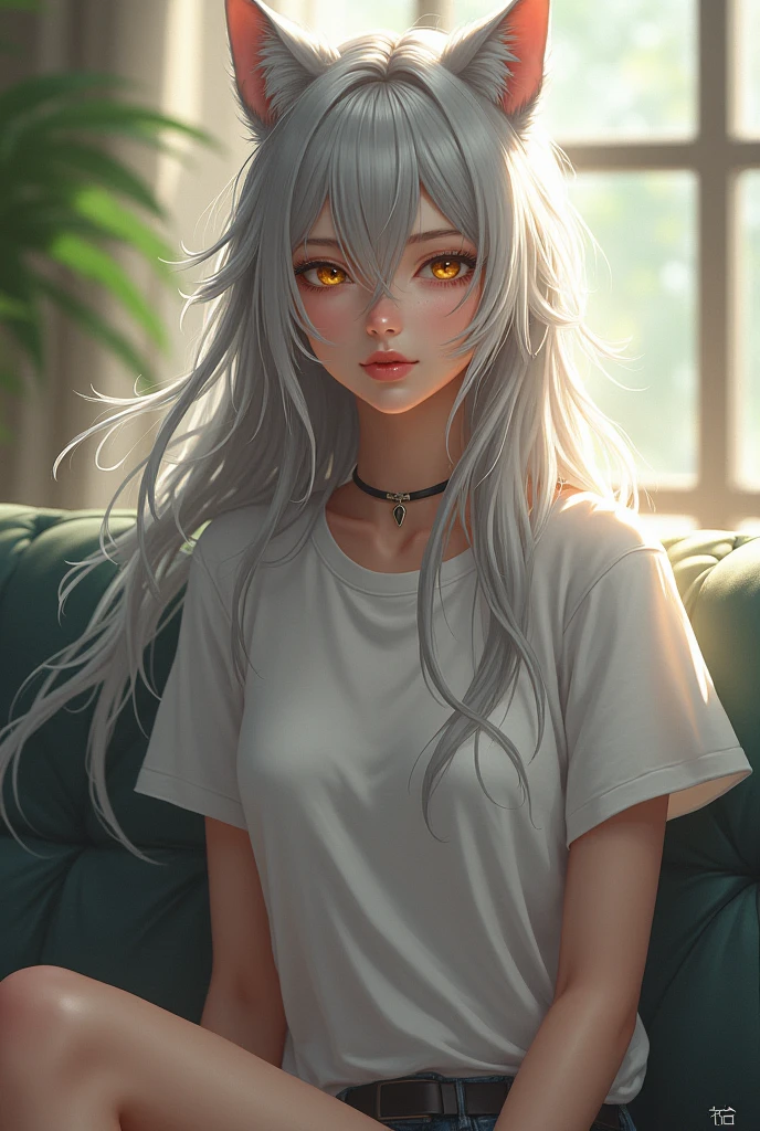 Demi-Human, wolf, female, Long silver hair is a little messy, Gold eyes, anime, white skin, white t-shirt, Clothes are loose, sit on the couch, ages 25