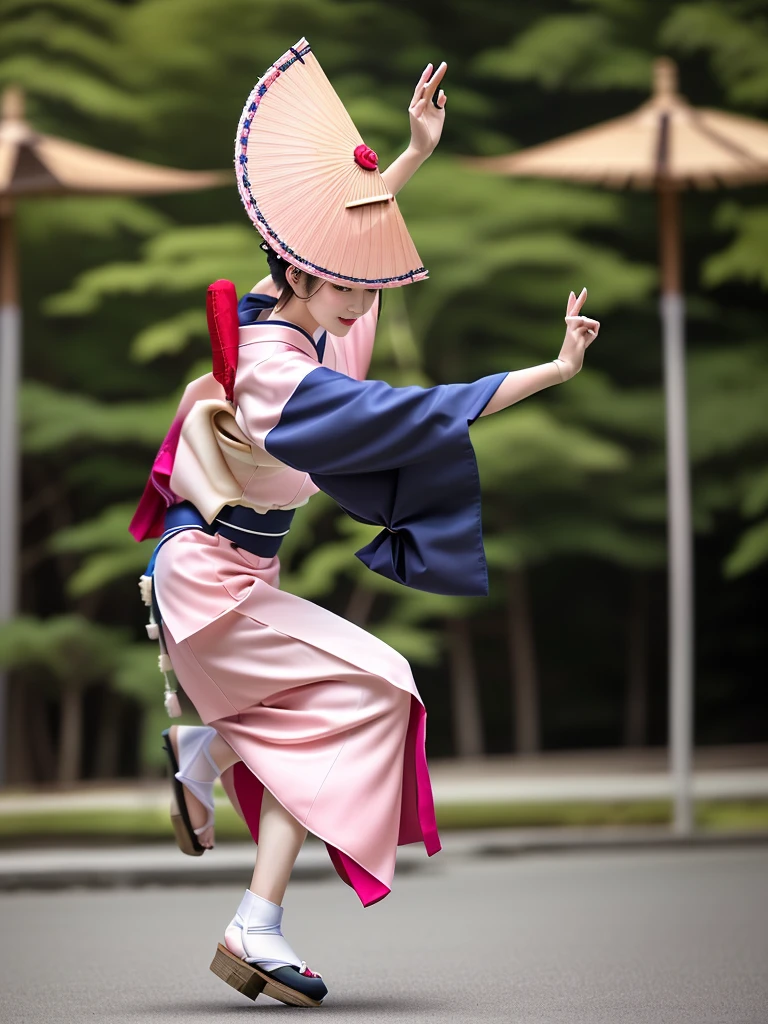 Photo-realistic quality、A woman wearing a pale pink kimono and a hat is in the park,White sleeves、 traditional Japanese kimono, A professional masterpiece, Beautiful images, Japanese Model, Traditional Japanese Kimono Japanese Bon Odori,A soft and gentle look、Woman dancing Awa Odori、White Arms、Wearing black clogs