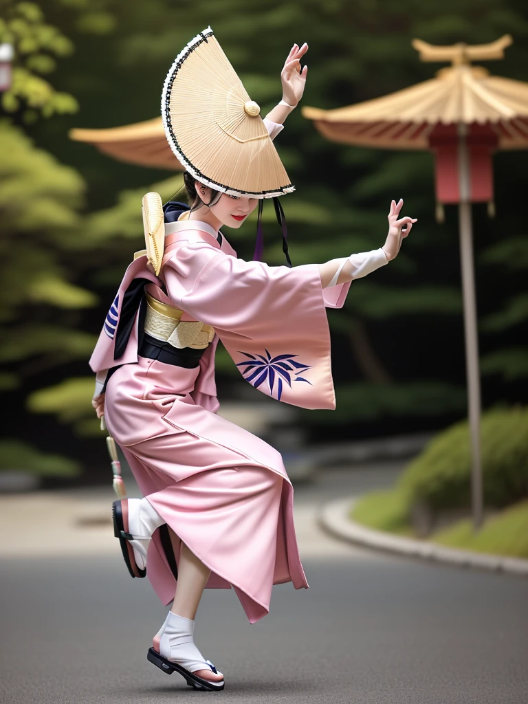 Photo-realistic quality、A woman wearing a pale pink kimono and a hat is in the park,White sleeves、 traditional Japanese kimono, A professional masterpiece, Beautiful images, Japanese Model, Traditional Japanese Kimono Japanese Bon Odori,A soft and gentle look、Woman dancing Awa Odori、White Arms、Wearing black clogs