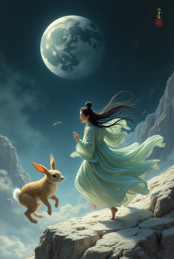 Chang'e squatted, and the rabbit broke free and Chang'e jumped to the ground