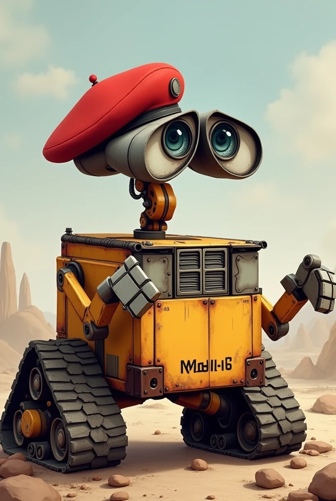 WALL-E avec un béret militaire rouge accompagné d'EVE
