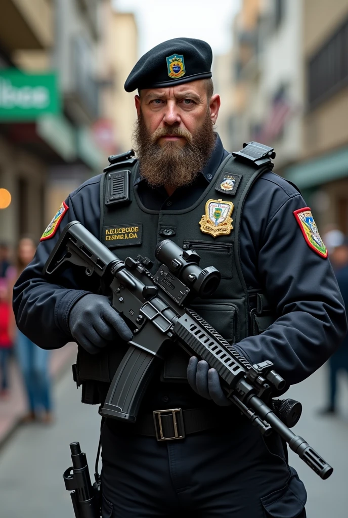 Strong, bearded Brazilian cafuzo police officer, in black military police tactical uniform, Lottery, Special Operations, boina preta, rifle in hand, talking to someone on the street.