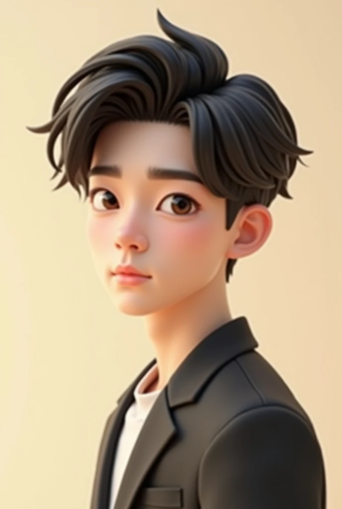 portrait picture in cream plain backgroud with a 22 yearsold handsome 3D animated korean man for couple picture