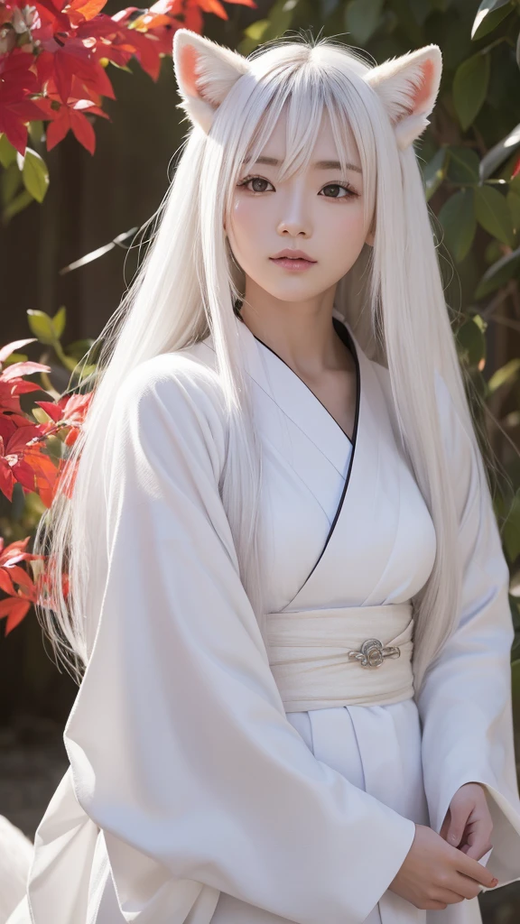 White Demon Fox、Nine-tailed Fox、Japanese women、kimono、Fair skin、Red lines on face、8K、I have long hair